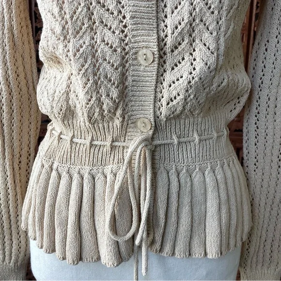 Vintage Adorable Cream Crochet Knit Button-Front Sweater with Drawstring Waist - Picture 3 of 7
